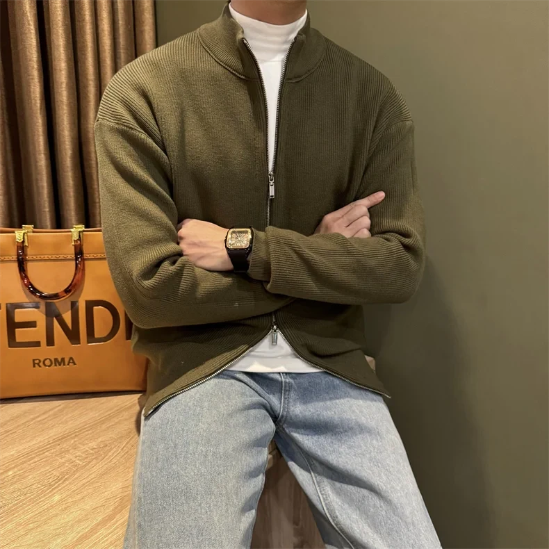 WUSHE物社男士纯色拉链开衫立领毛衣夹克慵懒宽松针织毛衣男外套