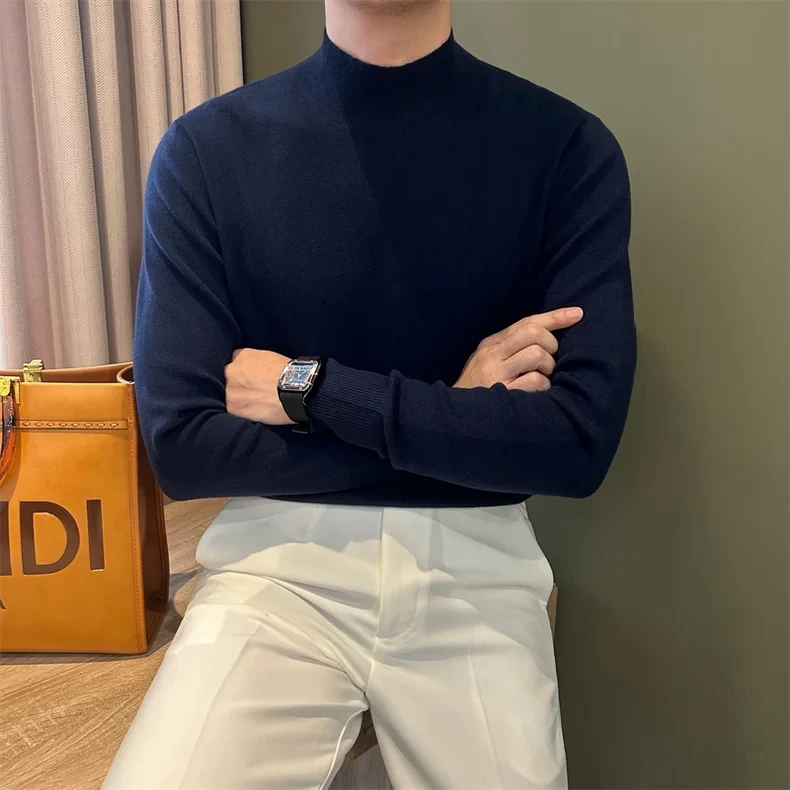WUSHE物社【羊毛】男士纯色舒适针织衫套头保暖中领保暖打底毛衣男