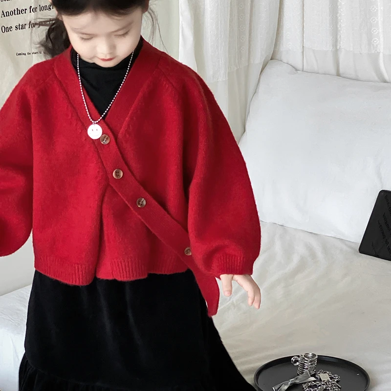 2024秋冬儿童爆款时尚斜门襟红色女童韩版毛衣外套小童长袖秋季