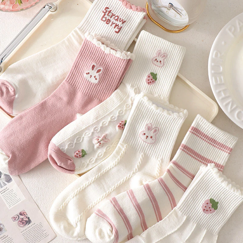 白色袜子女中筒袜花边秋冬季长袜可爱花边韩国学生新款ins潮百搭