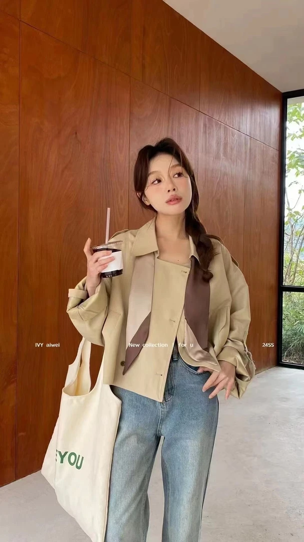 春秋法式小众短款翻领风衣外套新款气质宽松小个子撞色穿搭