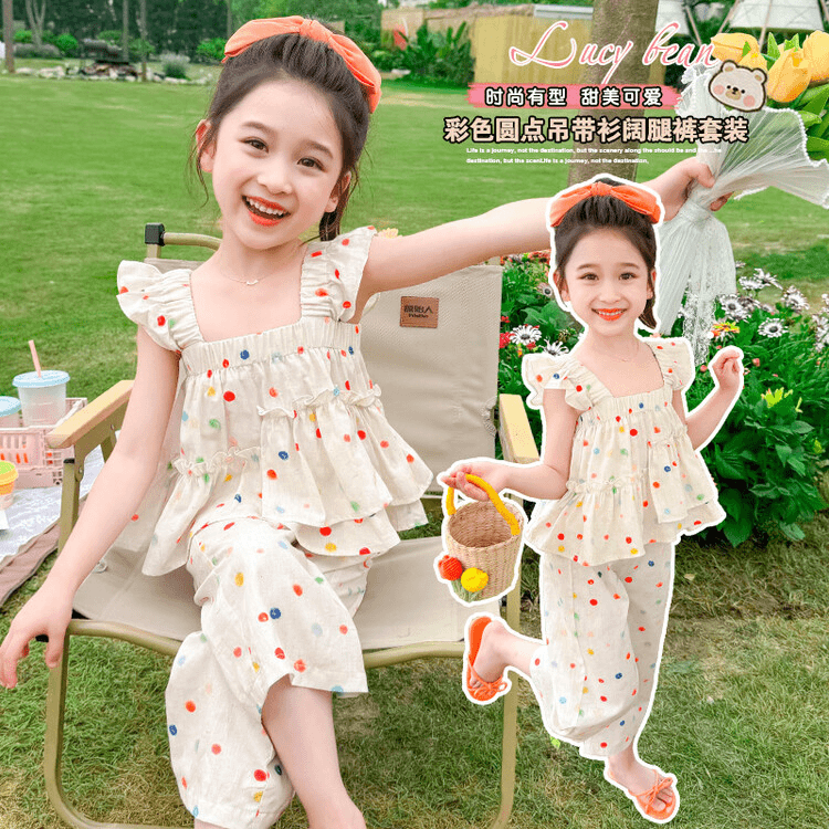 套装韩版夏季圆点女童中小童洋气时尚薄款中大童小女孩女宝无袖