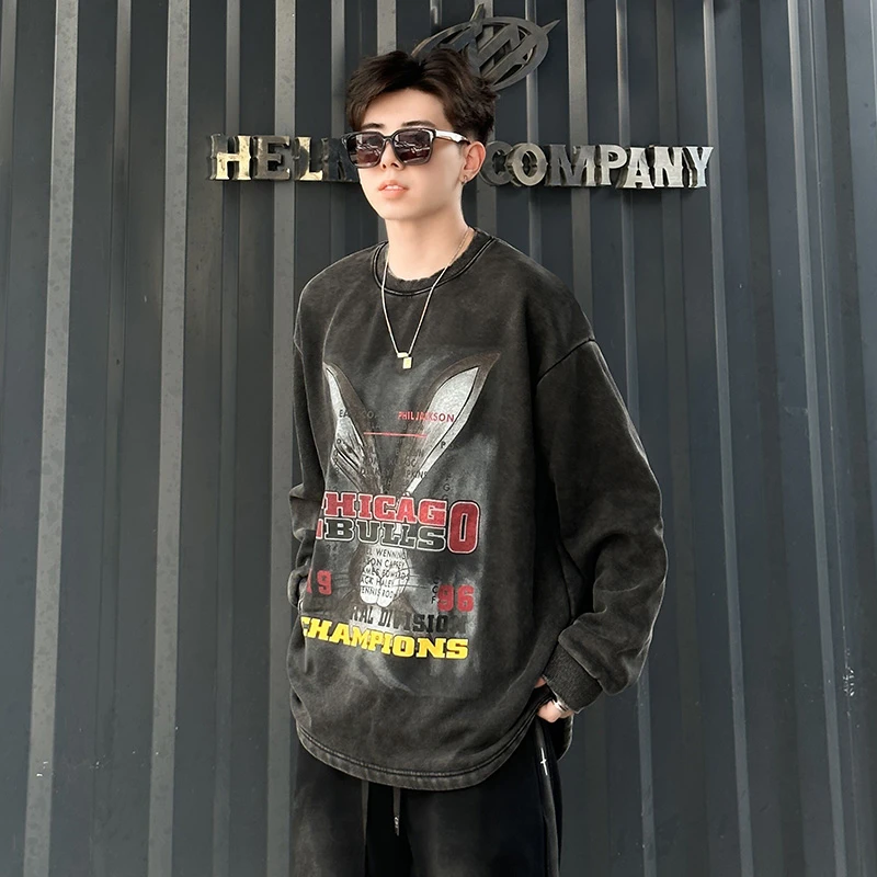 【宇泽】秋冬美式潮牌加绒圆领卫衣宽松水洗做旧ins印花长袖c8309