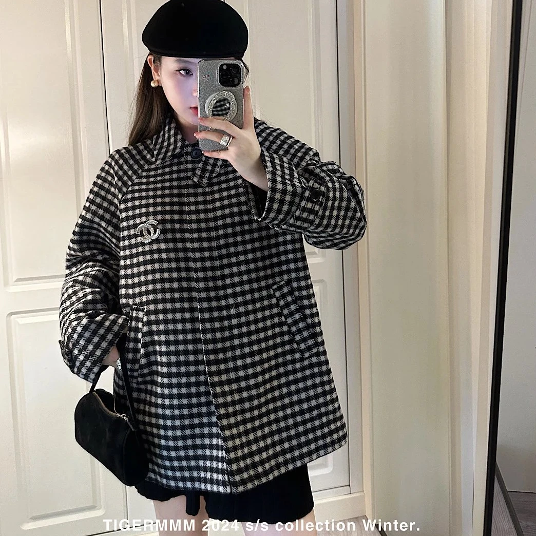 TIGERMMM__  外套 .  翻领格纹千鸟格系带两穿大衣外套上衣