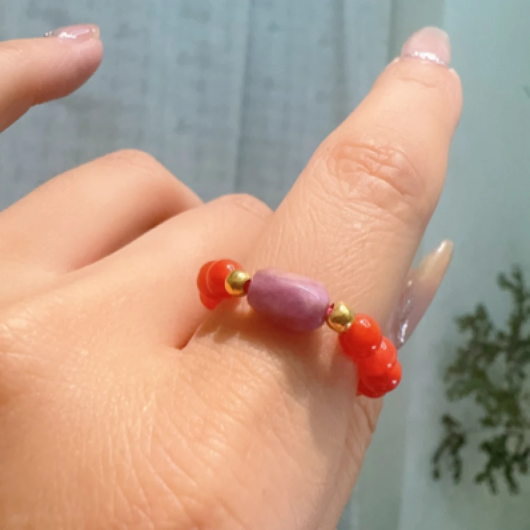 南红戒圈18k金苏俱来桃红色戒圈