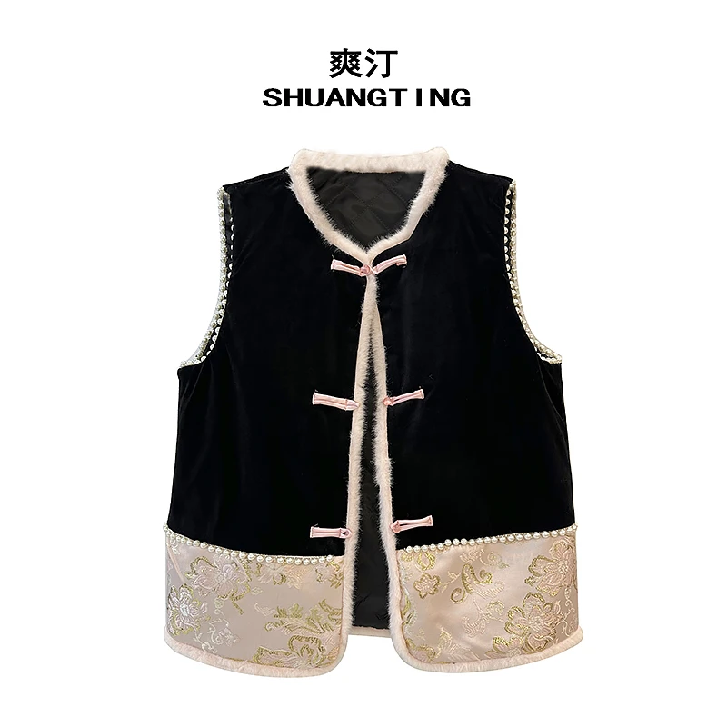 冬季加厚马夹复古盘扣背心短款中式中国风新中式刺绣手工钉珠马甲