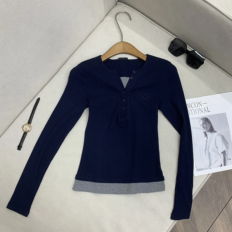 藏青色刺绣V领设计感修身显瘦针织衫早秋上衣800992   仓