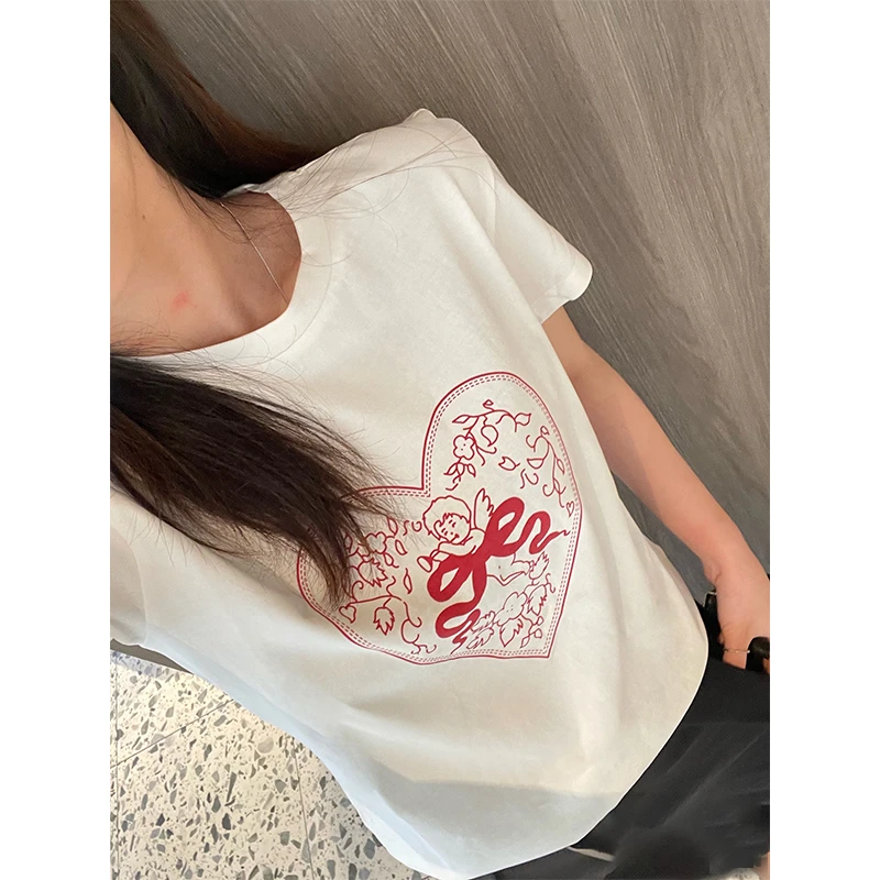 气质红色爱心印花‘’夏季白色短袖圆领纯色T恤 800660   仓