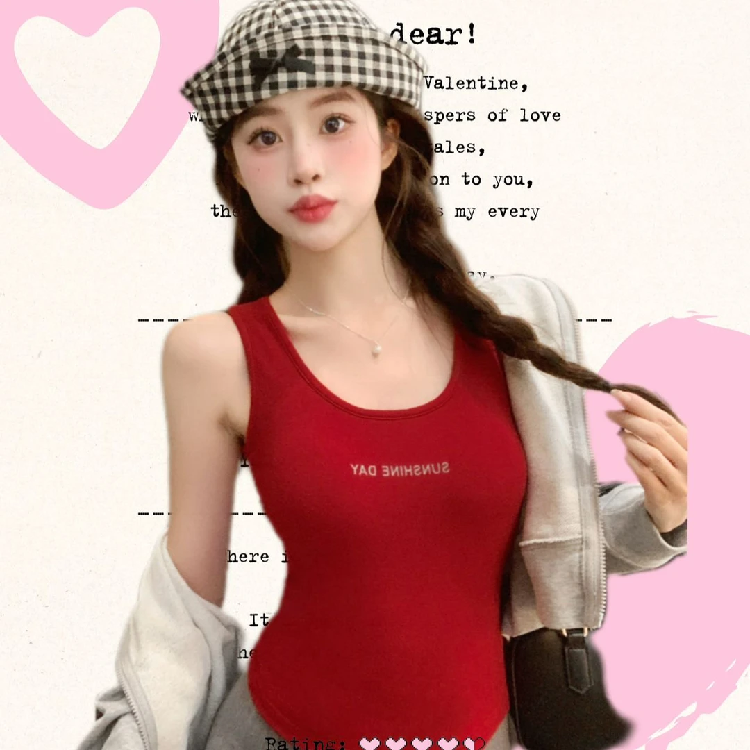 时髦背心带一体罩杯磨毛保暖上衣字母设计百搭无袖内衣简约外穿