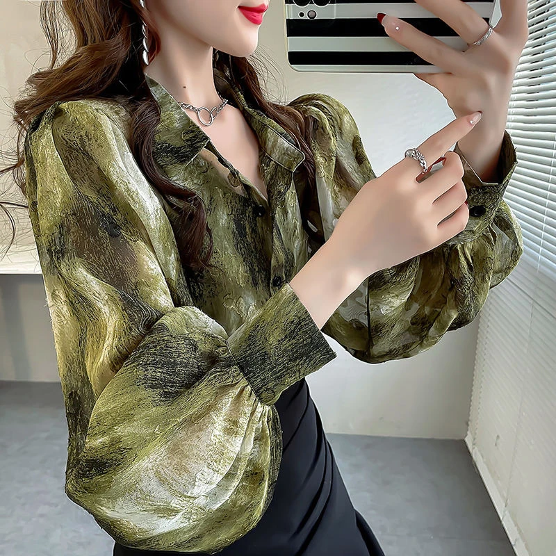 设计感小众印花衬衣夏季洋气新款显瘦雪纺宽松显瘦雪纺衫上衣女