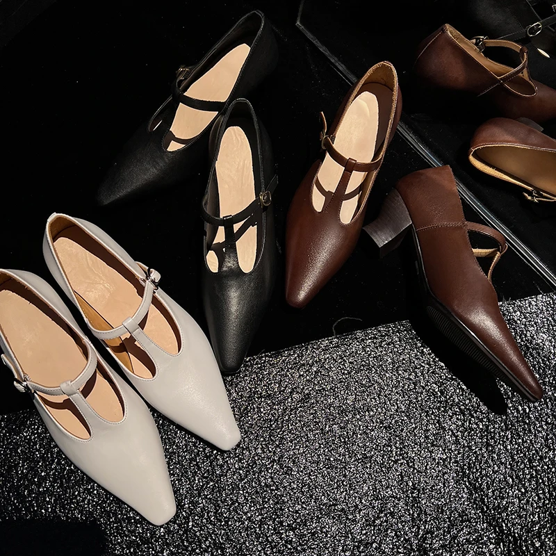 【唐唐家】新款百搭中跟单鞋一字T扣玛丽珍鞋镂空尖头设计款手工鞋