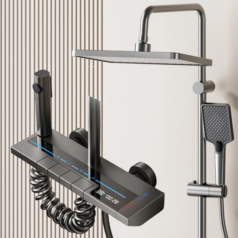 全铜淋浴花洒套装 四档出水 水镀枪灰色 恒温数显  浴室增压喷头