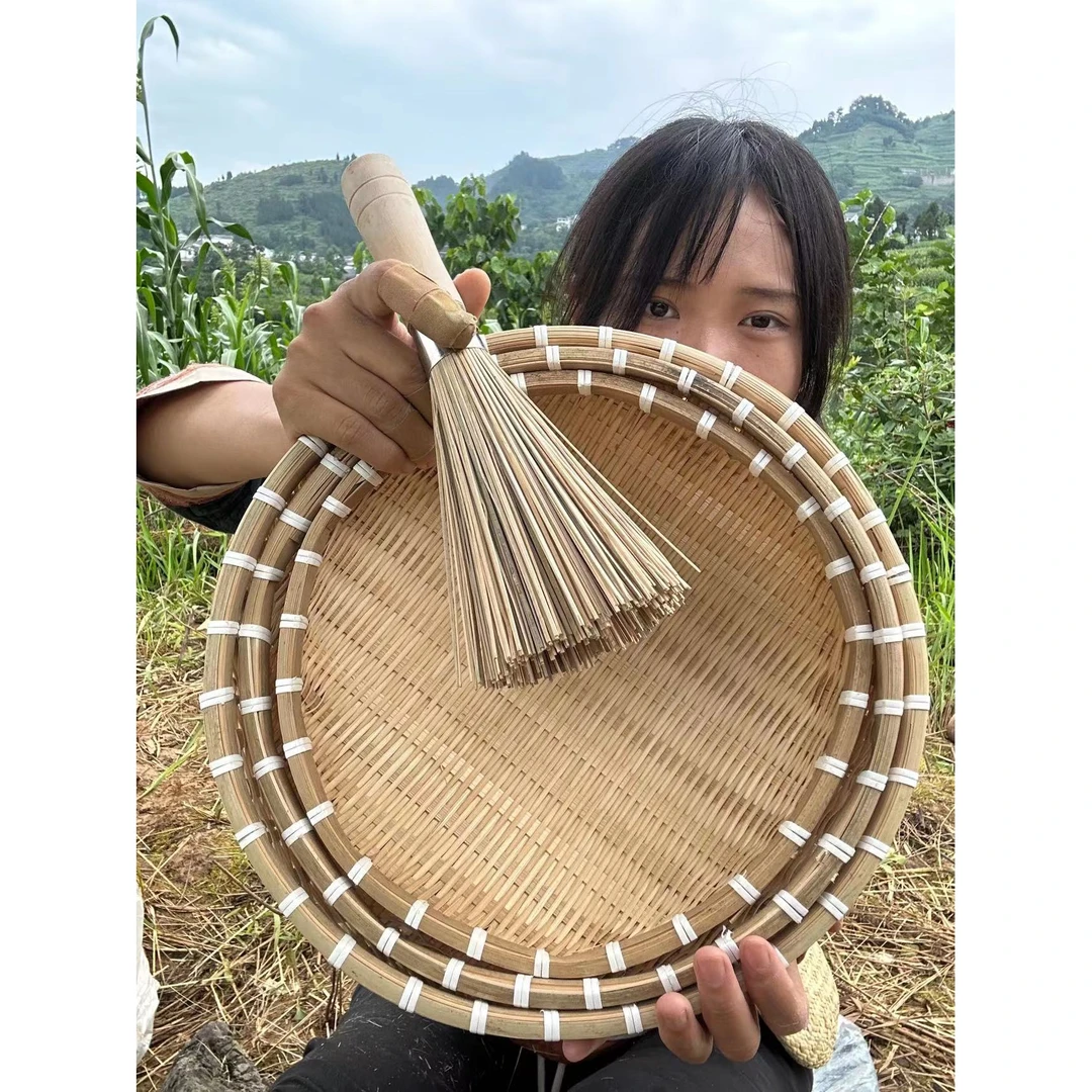竹编25-28-31圆形筲箕簸箕三件套装水果洗菜馒头