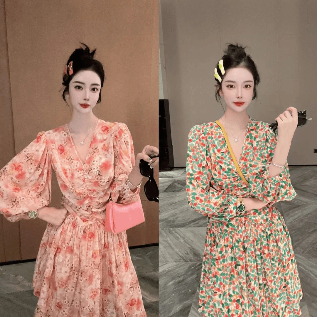 DL乐乐家【夜巴黎】碎花气质收腰日常轻奢设计感春夏超显瘦连衣裙