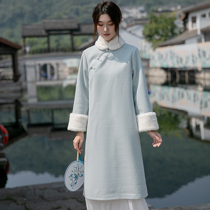 冬季改良旗袍年轻款文艺高端毛日常茶服千鸟格毛呢加厚外套裙网红