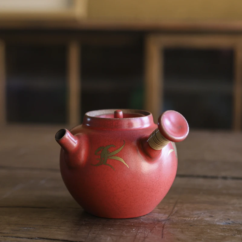 【见珊】山楂红金彩兰花-梵山堂-珠圆小品壶（W0016）