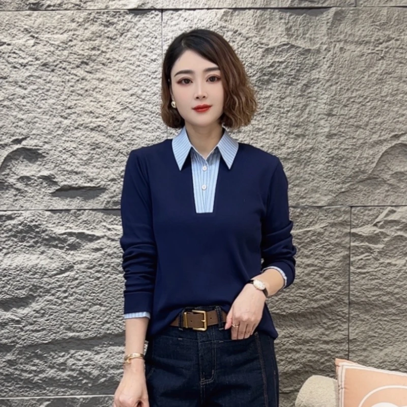 设计感衬衣拼接撞色假两件针织衫女秋冬款时髦减龄百搭上衣