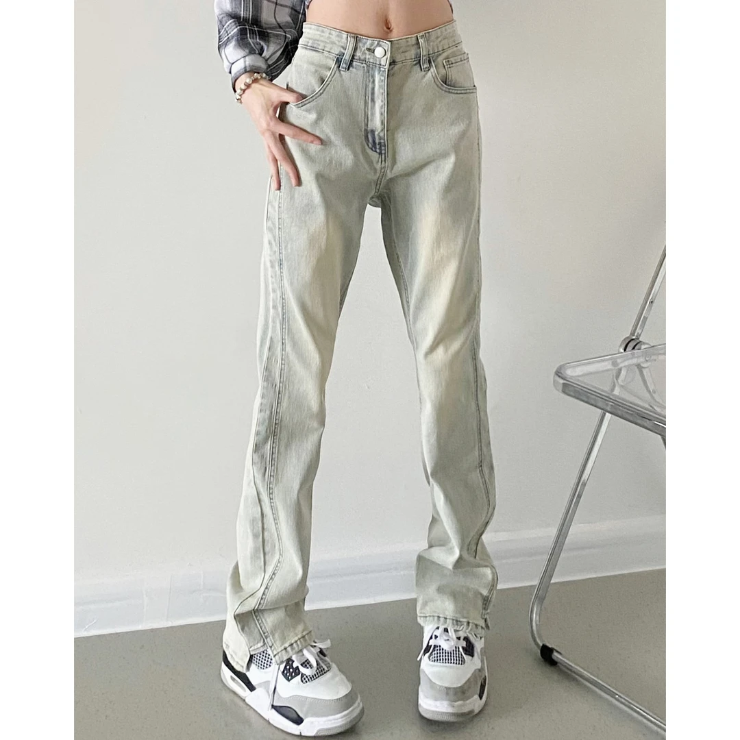 美式黄泥色牛仔裤高街秋季修身水洗微喇长裤男款小众设计感裤子男