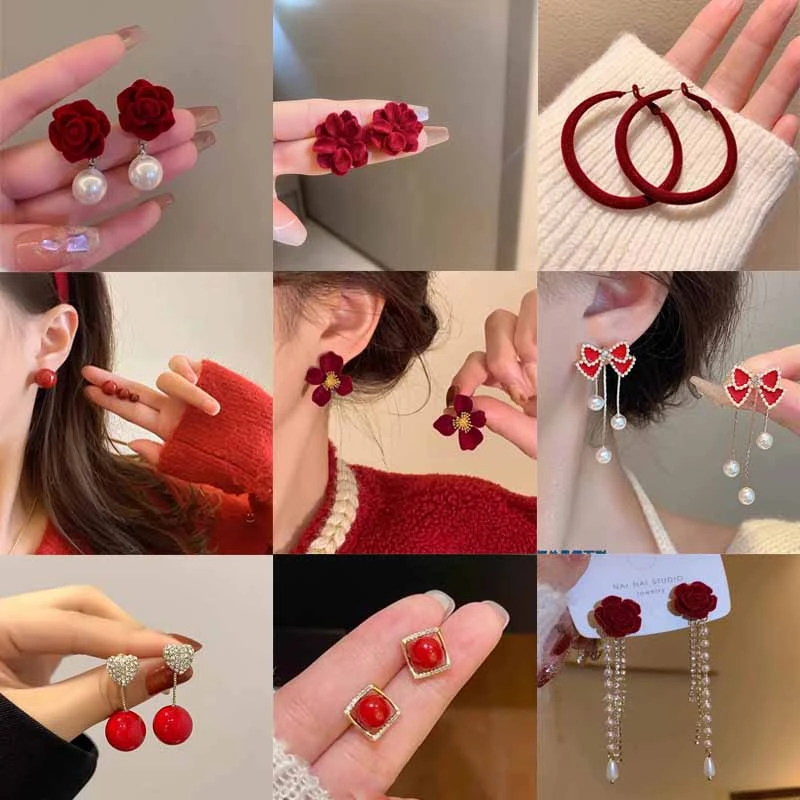 合金耳饰 复古红色系耳环女轻奢小众设计耳钉高级感气质名媛耳饰