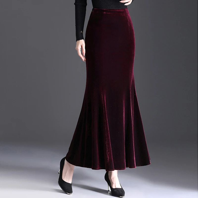 秋冬新款金丝绒鱼尾裙半身裙包臀高腰修身气质显瘦鱼尾长裙垂感女