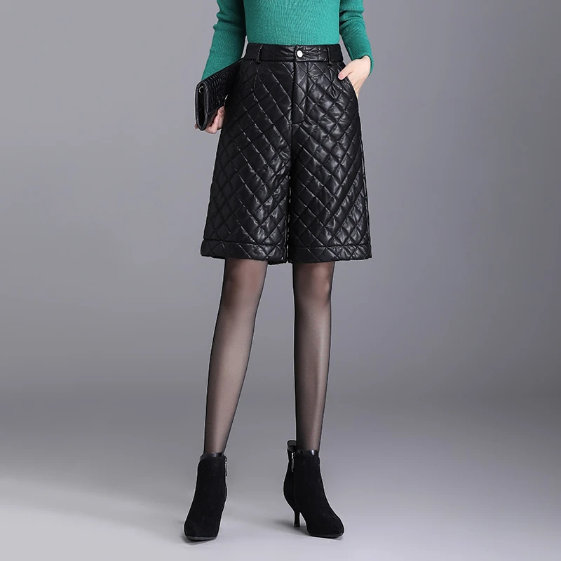 加棉加厚五分皮裤女秋冬2025新款阔腿裤显瘦高腰休闲直筒裤皮短裤