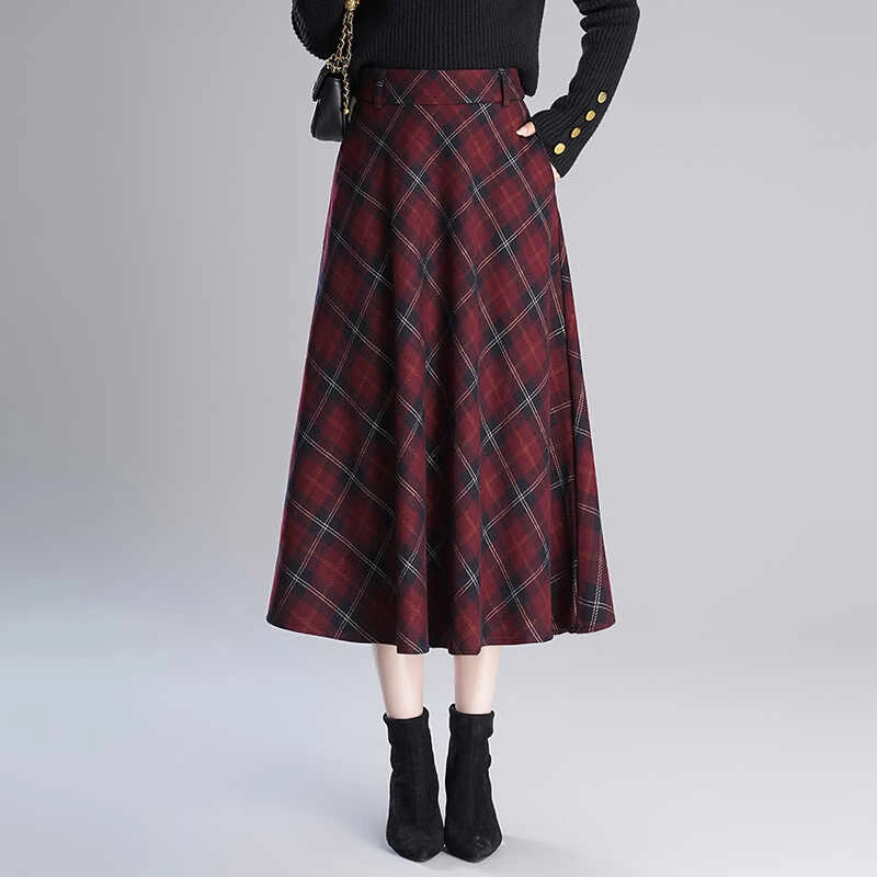 毛呢格子半身裙女秋冬新款高腰A字裙韩版显瘦伞裙气质中长裙