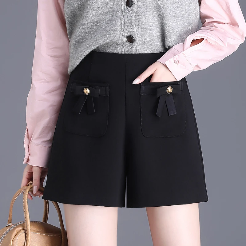 洋气蝴蝶结短裤女秋冬2024新款高腰显瘦阔腿裤百搭减龄休闲靴裤厚