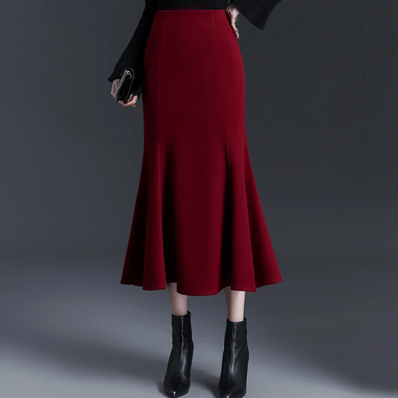 毛呢鱼尾裙女秋冬新款高腰修身包臀半身裙气质通勤中长裙子厚