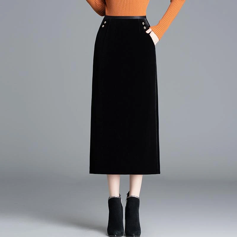 气质金丝绒直筒包臀裙女秋冬2025新款高腰显瘦半身裙中长款一步裙