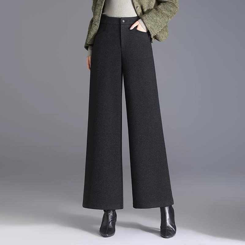 气质羊毛呢阔腿裤女秋冬宽松长裤新款高腰显瘦垂感直筒休闲裤