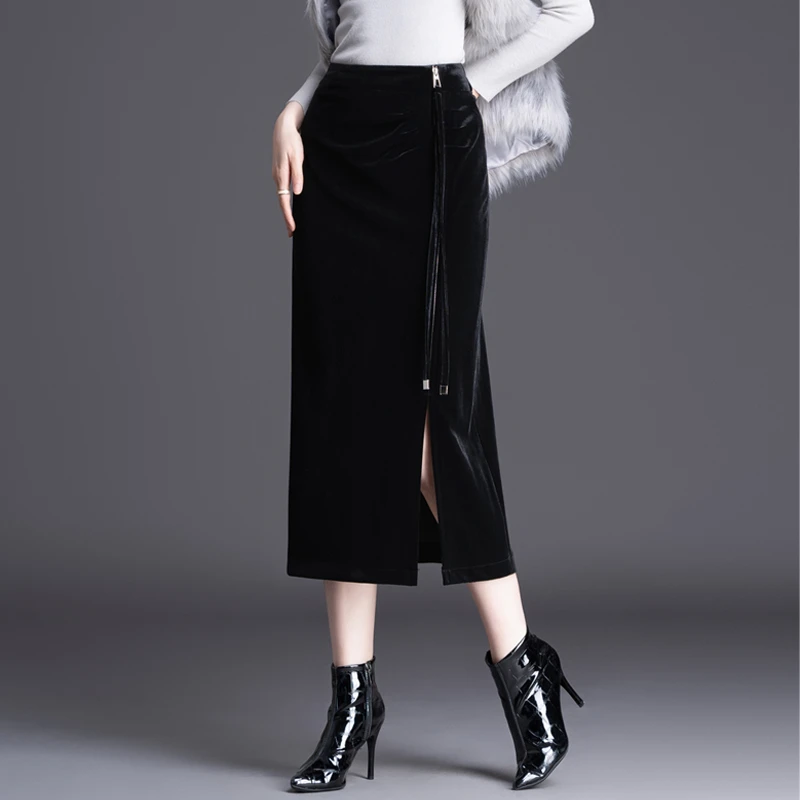 金丝绒包臀半身裙女秋冬2025新款高腰修身开叉一步裙直筒中长裙子