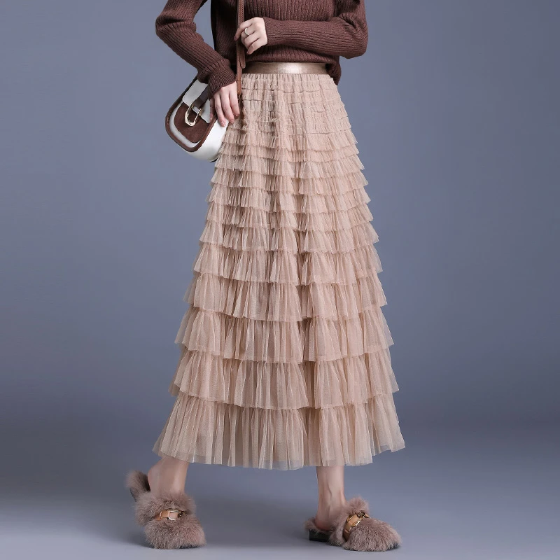 春秋多层次网纱蛋糕裙女2025新款高腰垂感a字裙气质仙女裙中长裙