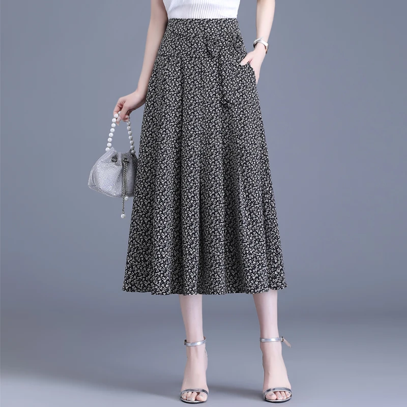 小碎花雪纺半身裙女夏季2025新款高腰a字裙中长款显瘦气质百褶裙