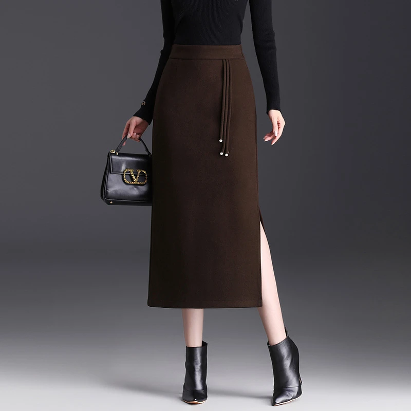 洋气毛呢直筒裙女秋冬厚款中长开叉一步裙2024新款显瘦高腰包臀裙