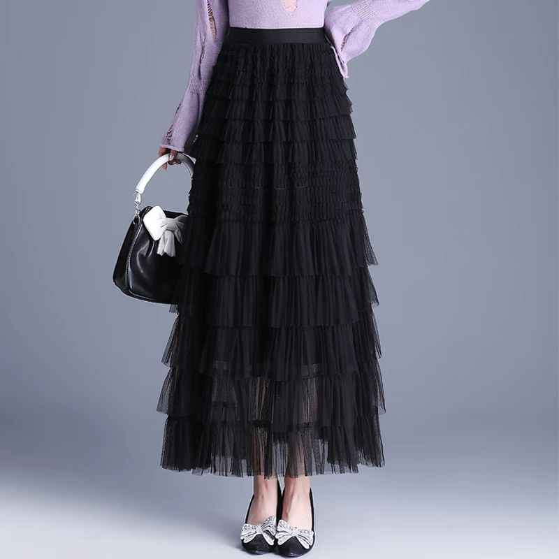 多层次网纱长裙蛋糕裙女春秋新款高腰气质显瘦半身裙垂感a字裙子