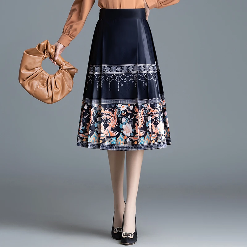 改良国风马面裙女秋季高腰印花半身裙中长款垂感显瘦百褶裙a字裙