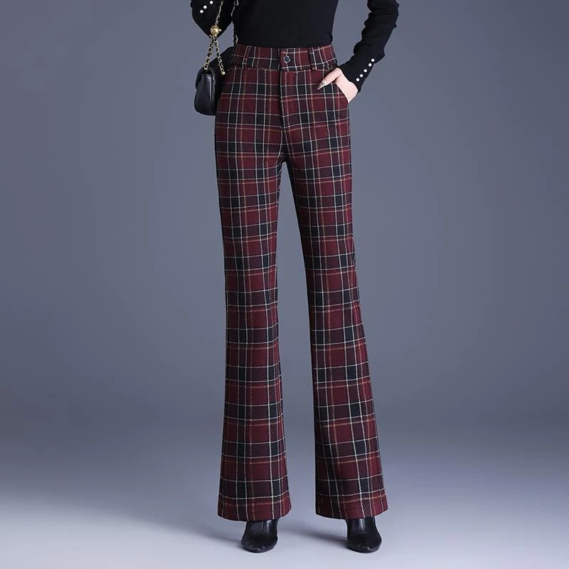 毛呢格子微喇裤女秋冬新款高腰修身长裤气质垂感休闲喇叭裤子