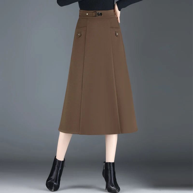 毛呢咖色半身裙女秋冬中长款A字裙新款高腰显瘦裙子毛呢长裙