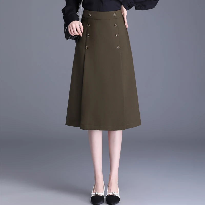 双排扣a字裙女秋季高腰通勤半身裙中长款显瘦包臀职业裙子一步裙
