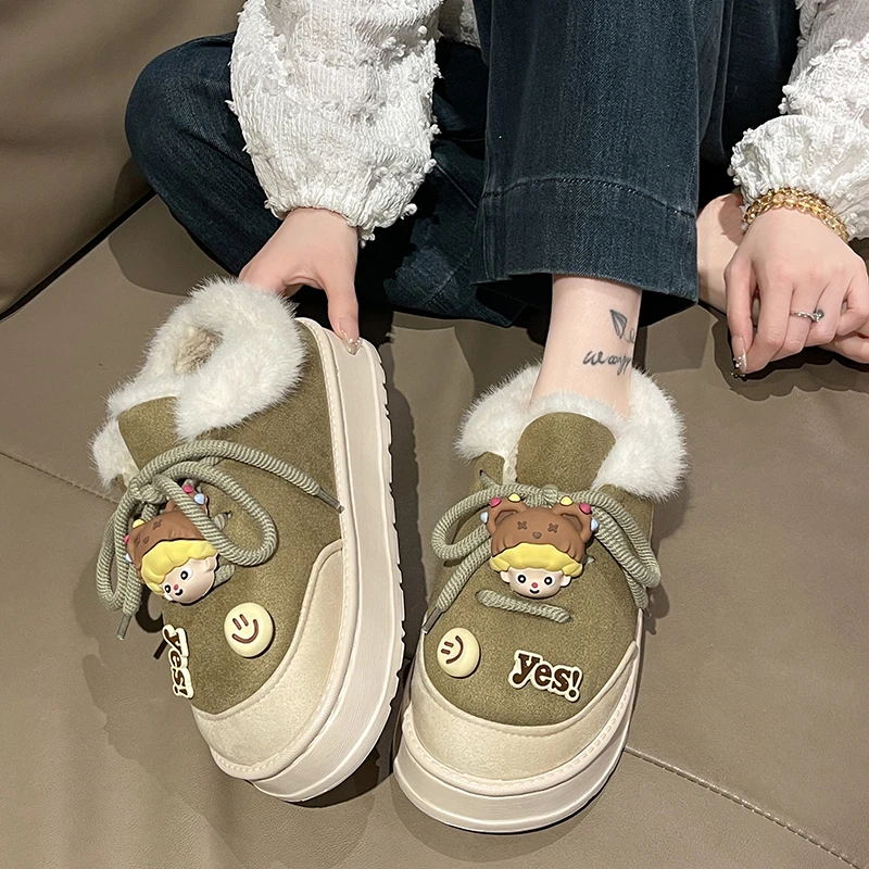 2024新款棉鞋女秋冬季居家保暖厚底防滑外穿卡通网红加绒包跟棉拖