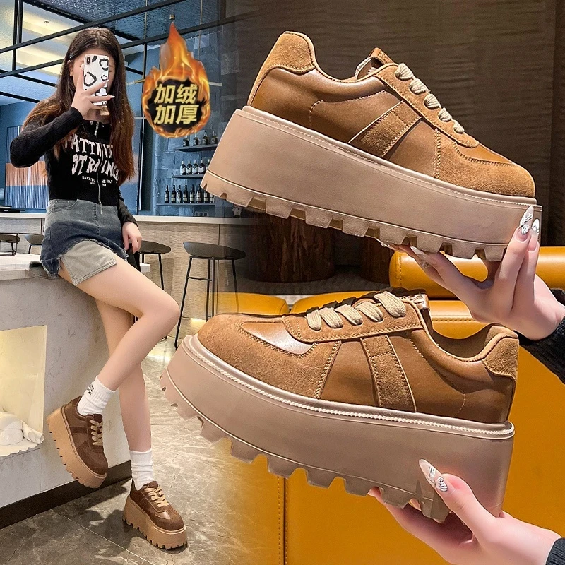 夏季新款英伦风时尚复古休闲百搭厚底增高鞋6cm真皮松糕板鞋女