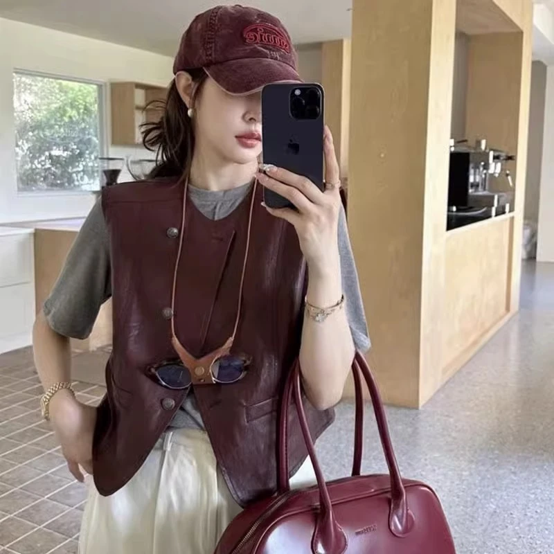 欧货复古PU皮马甲女外穿2025春季新款安可拉红无袖坎肩皮马夹外套