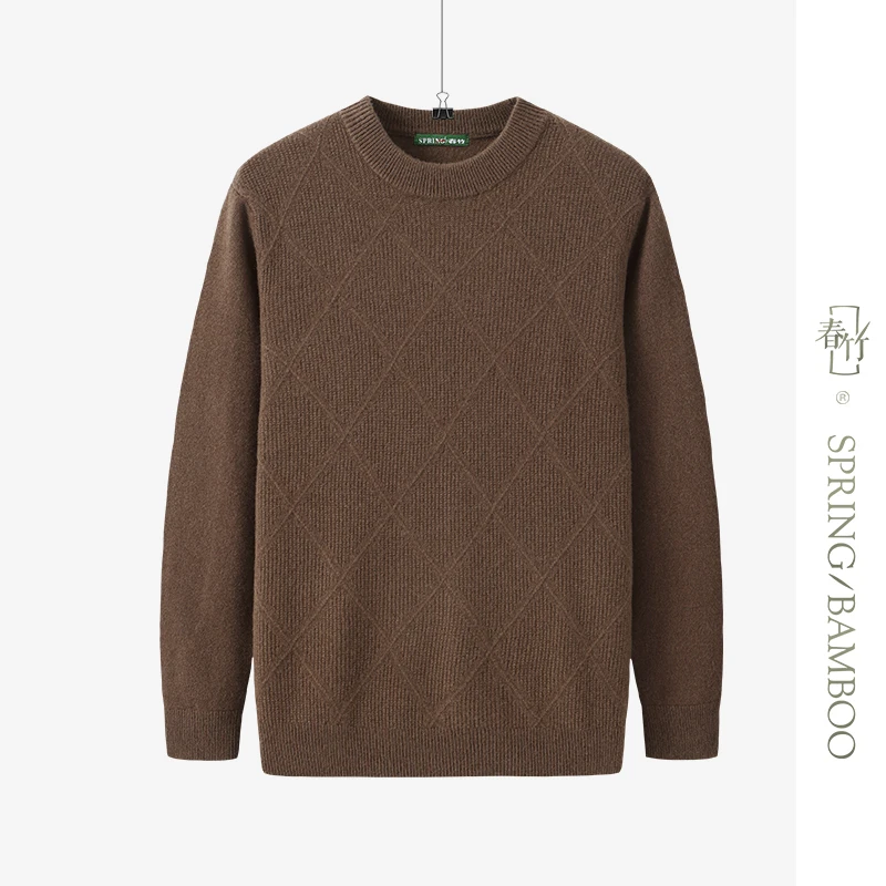 春竹2023冬季新款绵羊毛圆领商务休闲针织衫厚款保暖套头毛衣男
