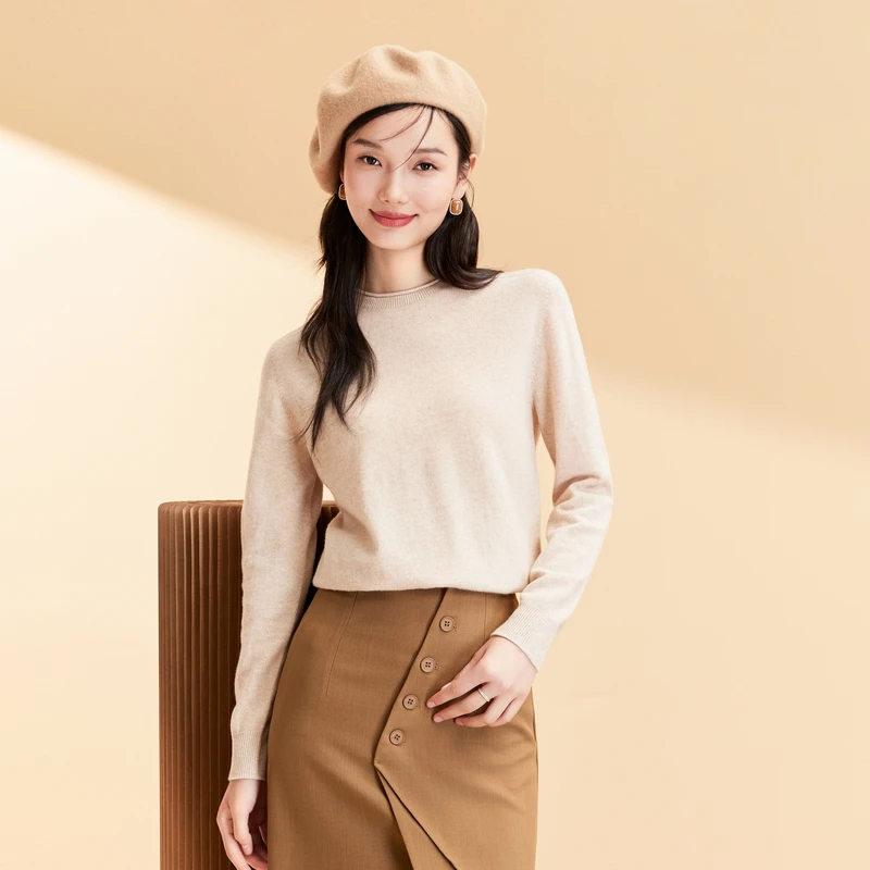 春竹新款圆领羊毛衫女100%纯羊毛正宗休闲高档纯色百搭打底衫