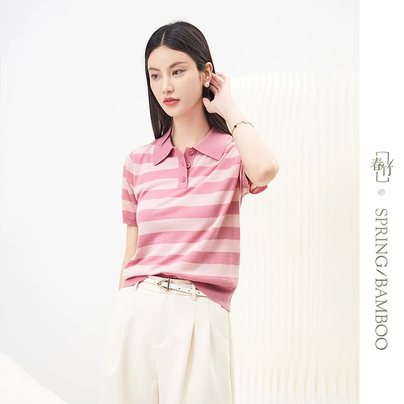 春竹25夏季精纺羊毛短袖薄款修身百搭时尚翻领条纹短袖针织衫