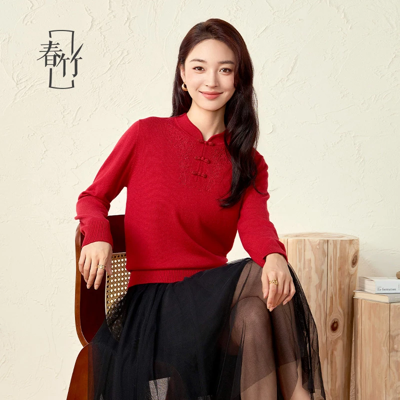 春竹秋冬新款新中式国风盘口100%羊毛衫女立领纯色针织毛衣上衣