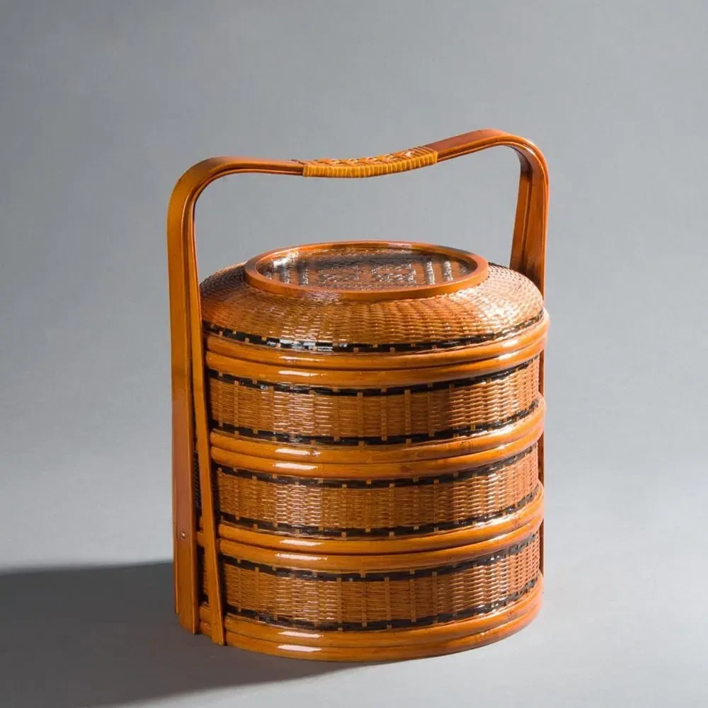 竹编篮子手提竹篮点心篮茶道具竹工艺品酒店送餐圆形食盒复古篮子