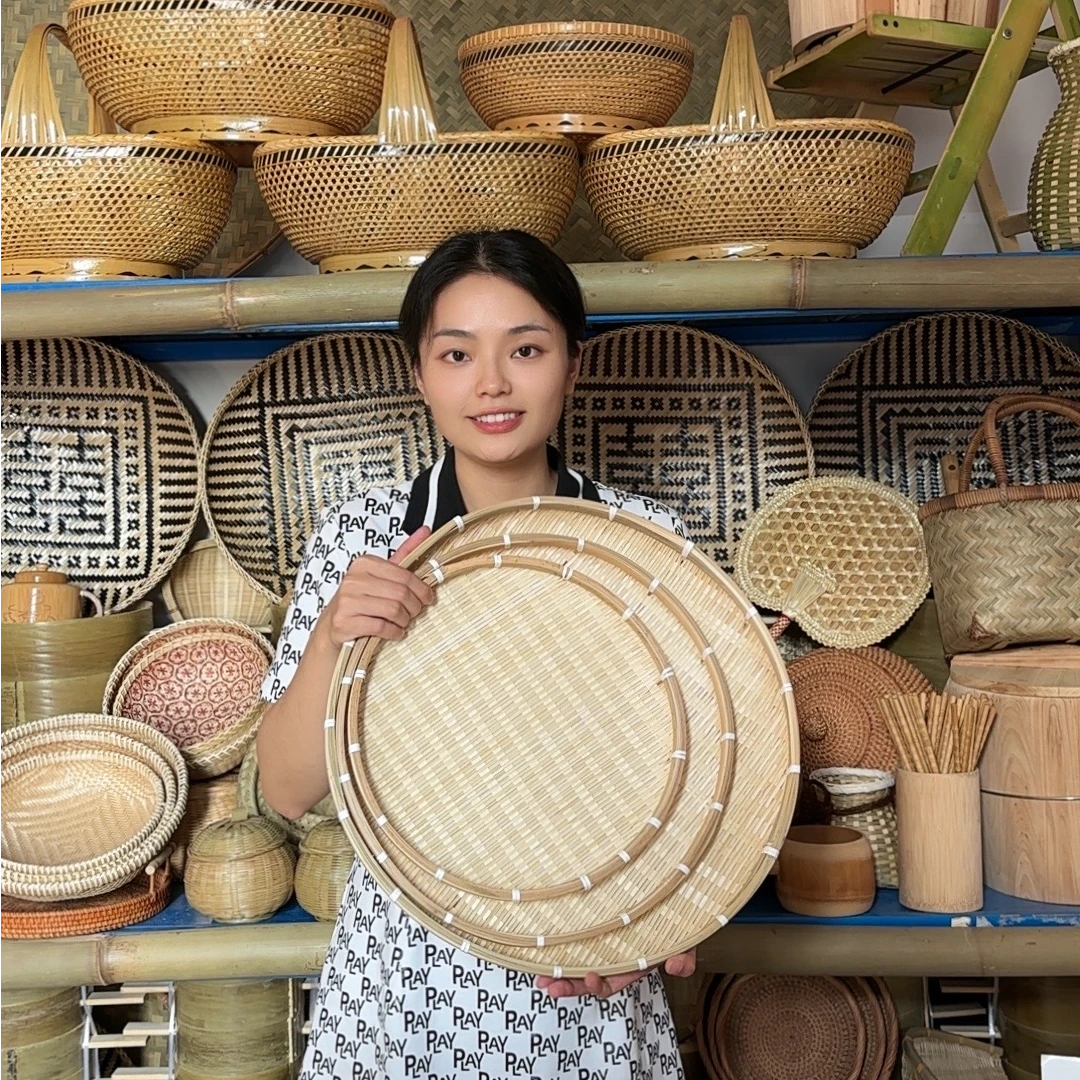 晒筐三件套竹编水果筐竹编馒头框日用晒盘装东西放东西竹