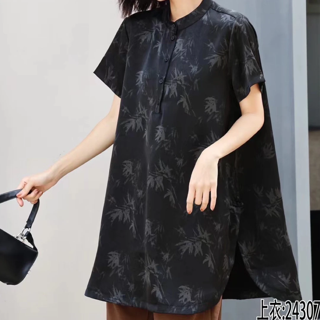 女士中长款印花宽松提花衬衫