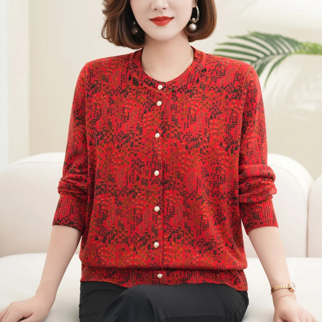 秋季新款中老年妈妈装长袖中年宽松大码女士针织开衫326668